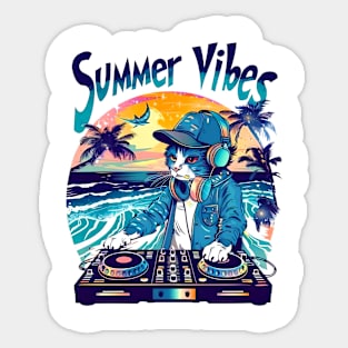 Summer Vibe DJ Cat 80s 90s Kitten Sunset Rainbow Cat Kitty Sticker